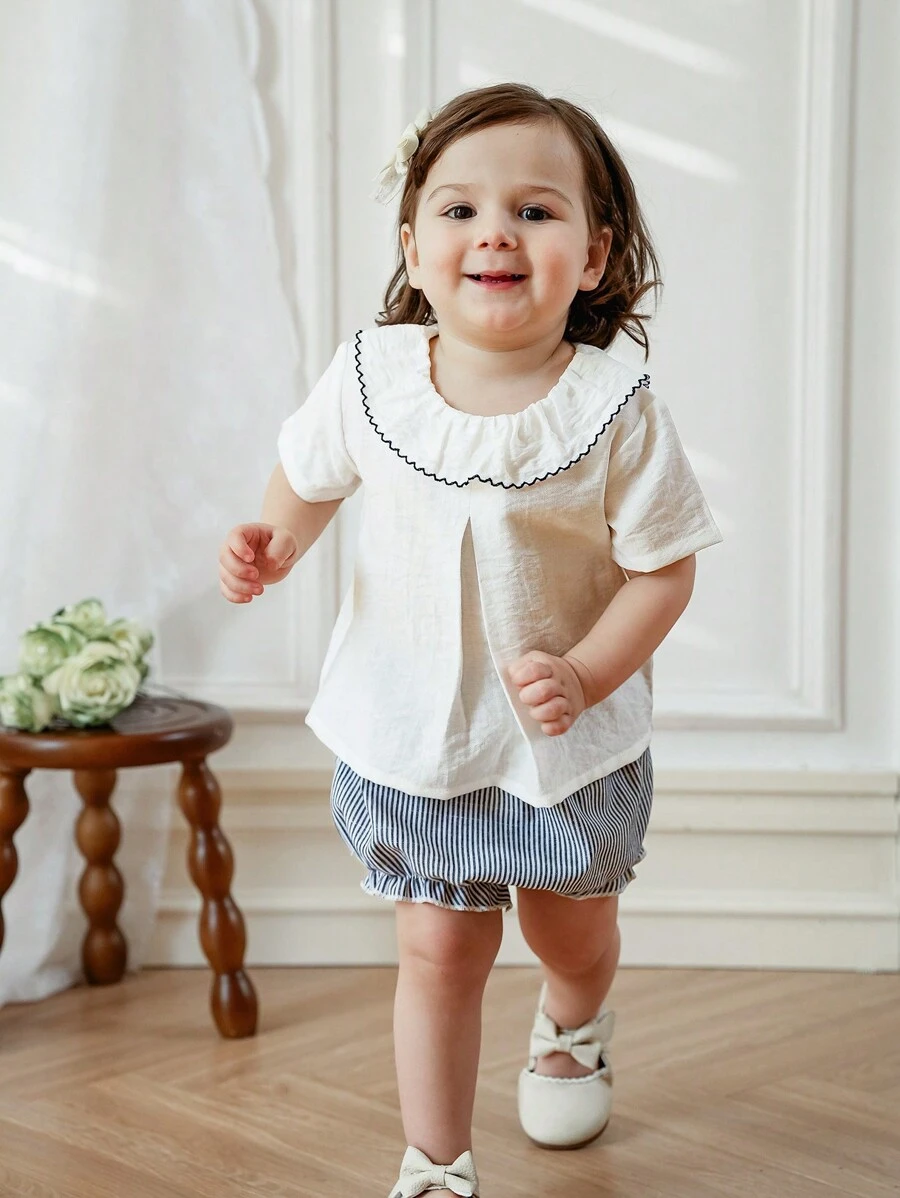 Souflis Souflis Babymeisjes Zomer Nieuwe Ruffle Kraag Voorkant Split Ontwerp Achterkant Waterdruppel Korte Mouw Streep Driehoek Casual Set