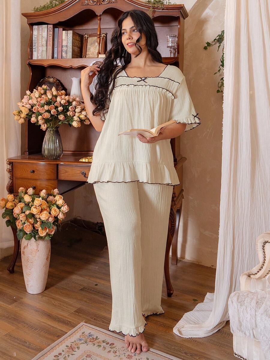 Côtesoire Plus Size Contrast Trim Ruffle Bow Decor Nachtkledingset Met Shorts