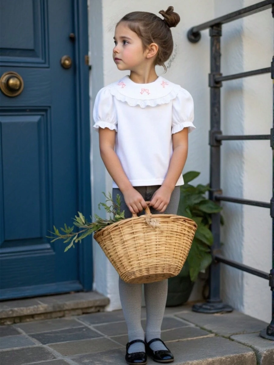 Souflis Souflis Young Girl' Cute & Sweet Bow Decor Puff Sleeve Short Sleeve Casual T-Shirt, Summer