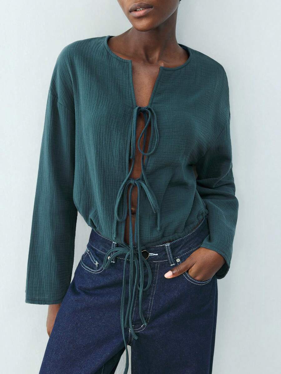 Maija Spring New Dark Blue Bow Elegant Urban Modern Daily Casual Women's Tops Suitable For Going Out Valentine's Day Holiday Party