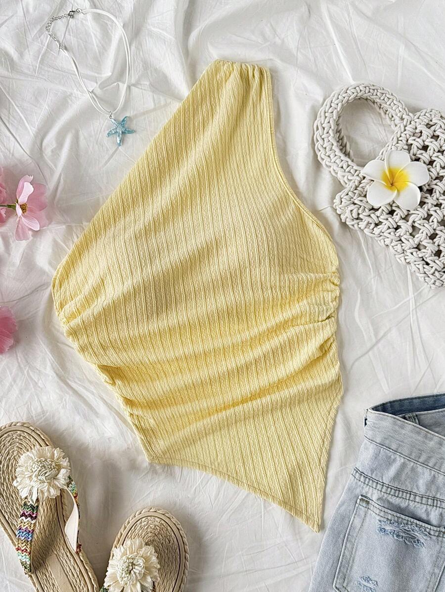 Soleia Vacation Asymmetric Frill Hem Sleeveless Light Yellow Blouse For Women