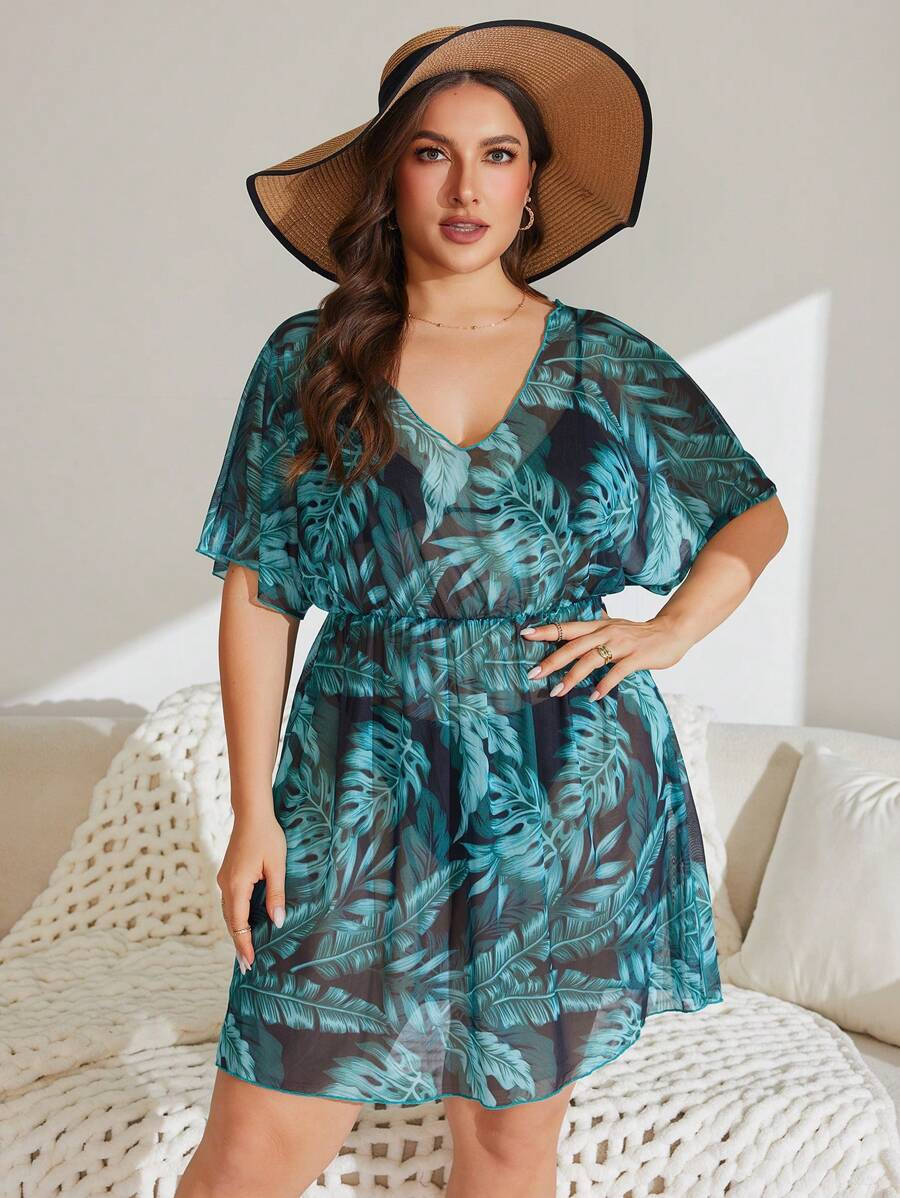 Swim Lushoire Plus Size Tropical Green Plant Print Deep V Mesh Patchwork Cover Up, For Summer Beach Vacation