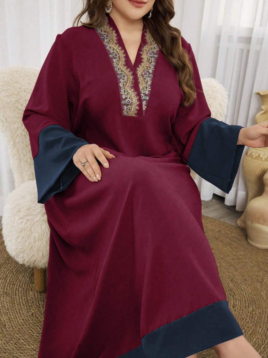 Al Najma Elegant Round Neck Color Block Plus Size Dress, Modest Kaftan Maxi Dresses, For Evening Party/Wedding Guest/Anniversary
