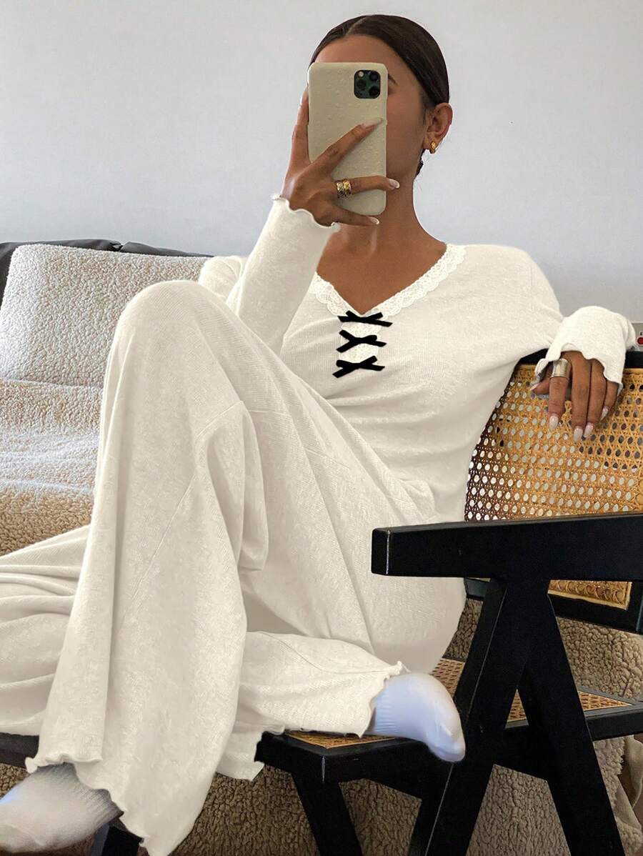 Livesso Pijama de primavera, conjunto de body con aplicación de encaje, lazo y dobladillo ondulado, para vacaciones