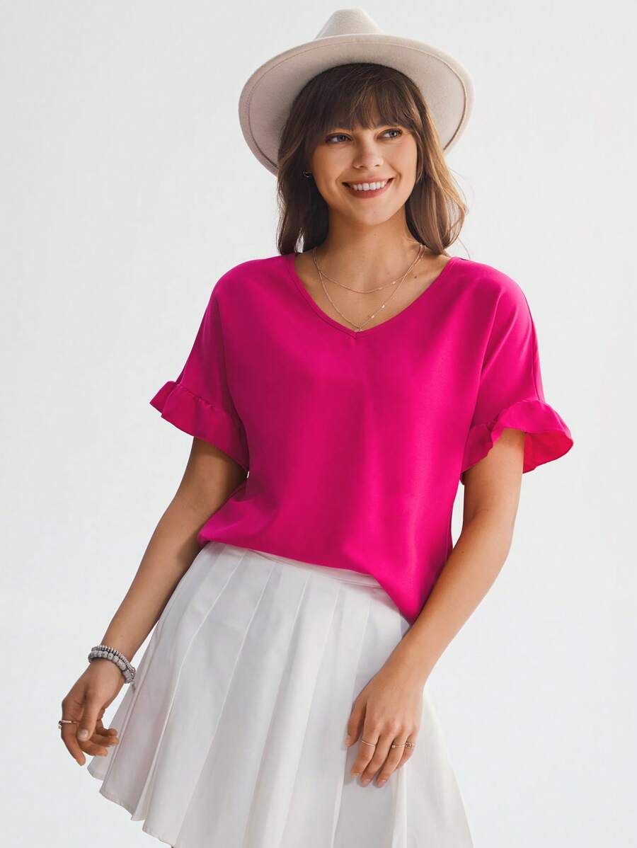 SHEIN LUNE Women's V-Neck Casual Holiday Shirt With Ruffle Sleeves And Ditsy Floral, Summer Spring Floral Casual Women Shirts Fall Clothes Women Blouses ,