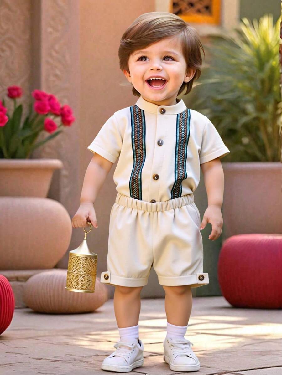 2pcs Boys Casual Woven Romper & Shorts Set, Summer