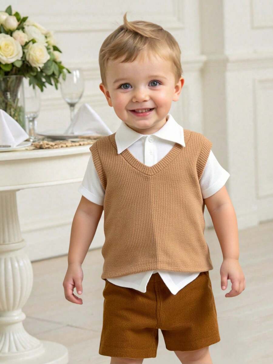 SHEIN Set da 3 pezzi per bambino/a, camicia casual bianca a maniche corte, stile scuola con collo alla coreana, gilet smanicato di colore unico, pantaloncini con elastico in vita, adatto per scuola, casa, uscite, stile coreano, per primavera/estate
