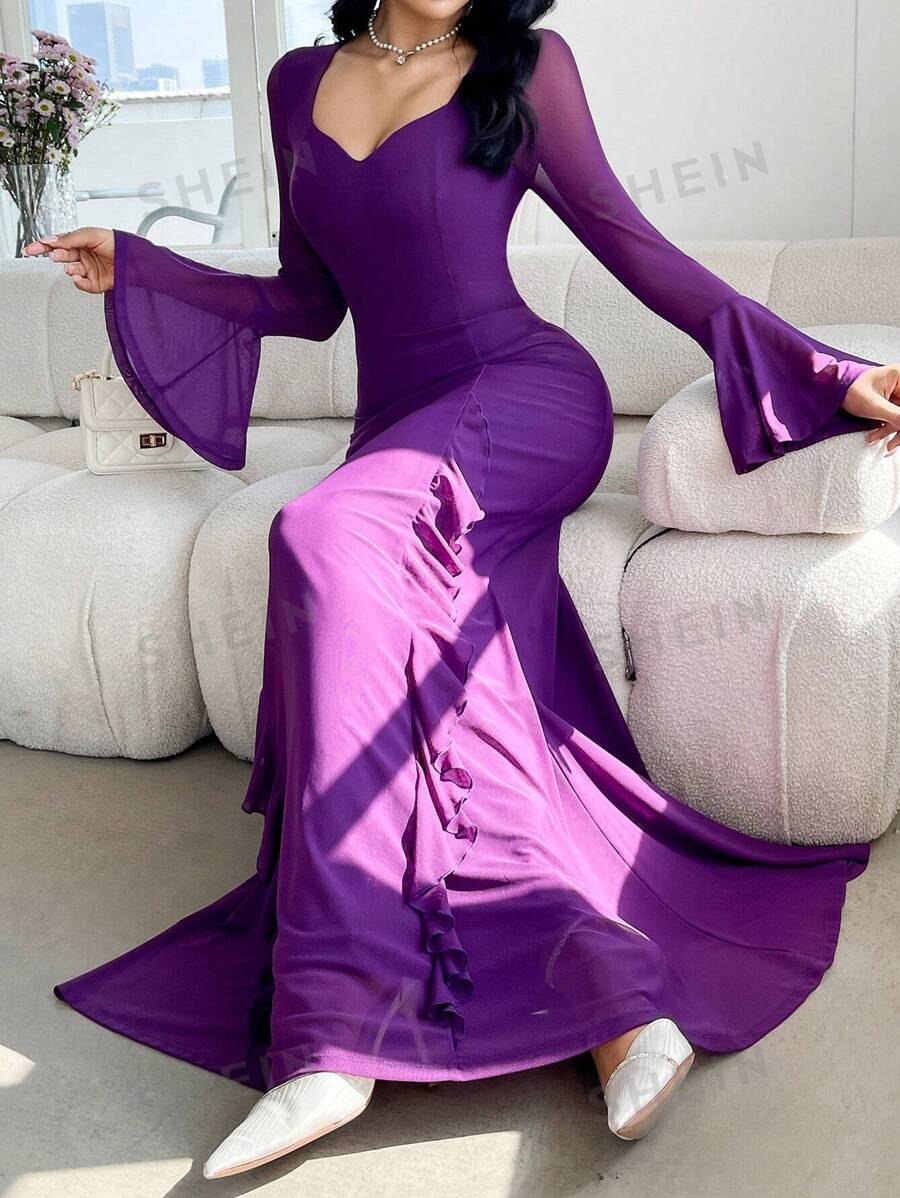 Modelyn Vestido lila de mujer elegante con mangas acampanadas y volantes en el bajo