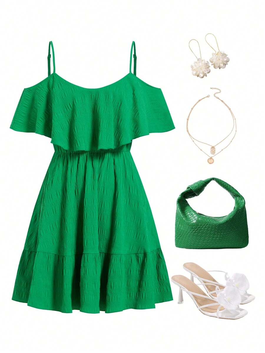 Ellevyn Green Summer Elegant Women's Textured Fabric Plaid Shoulder Strap With Ruffle Edge Collar And Waist Cinched A-Line Ruffle Hem Dress