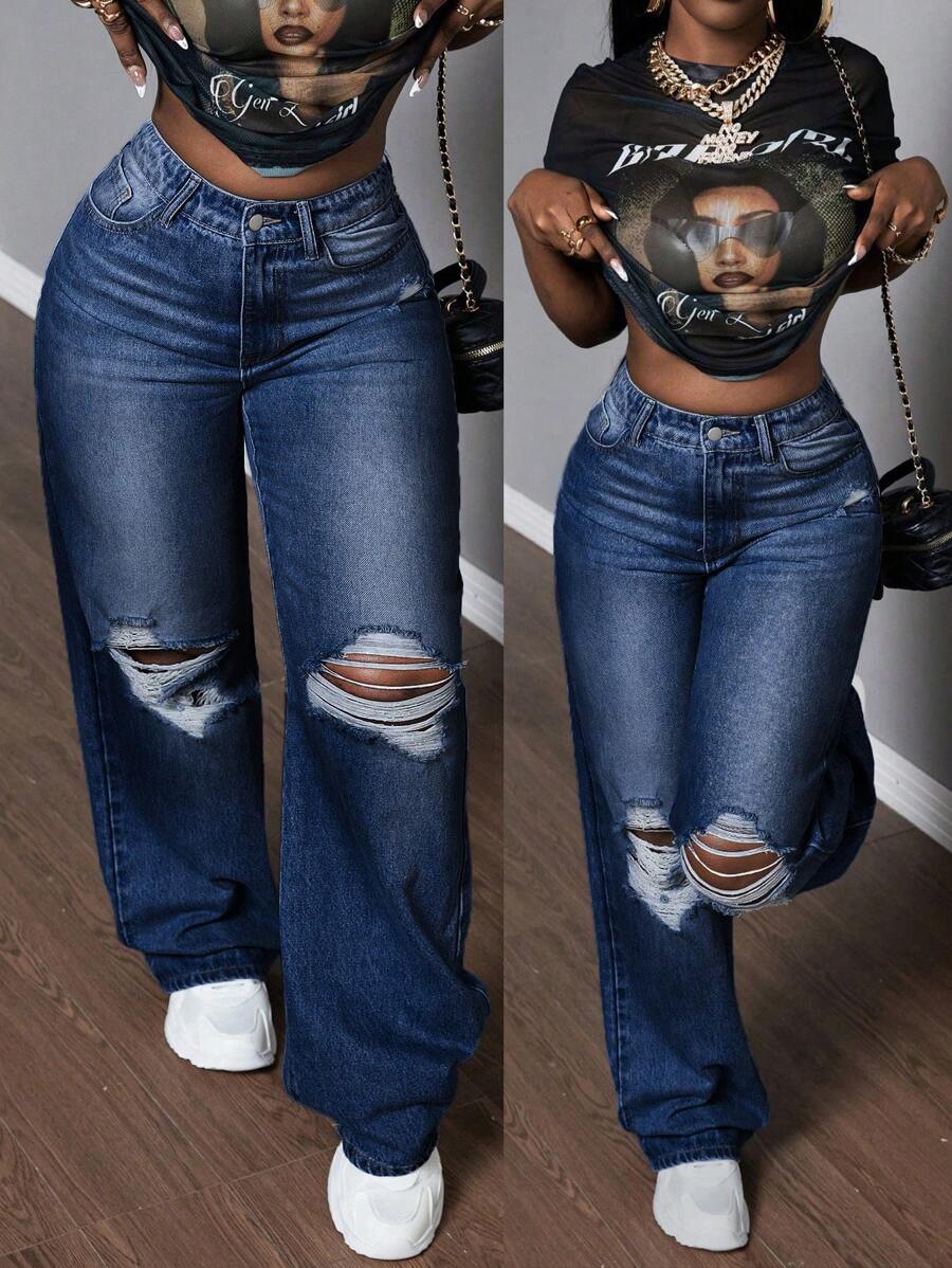 SHEIN Slayr Pantalones vaqueros rectos de mujer casuales desgastados y desteñidos
