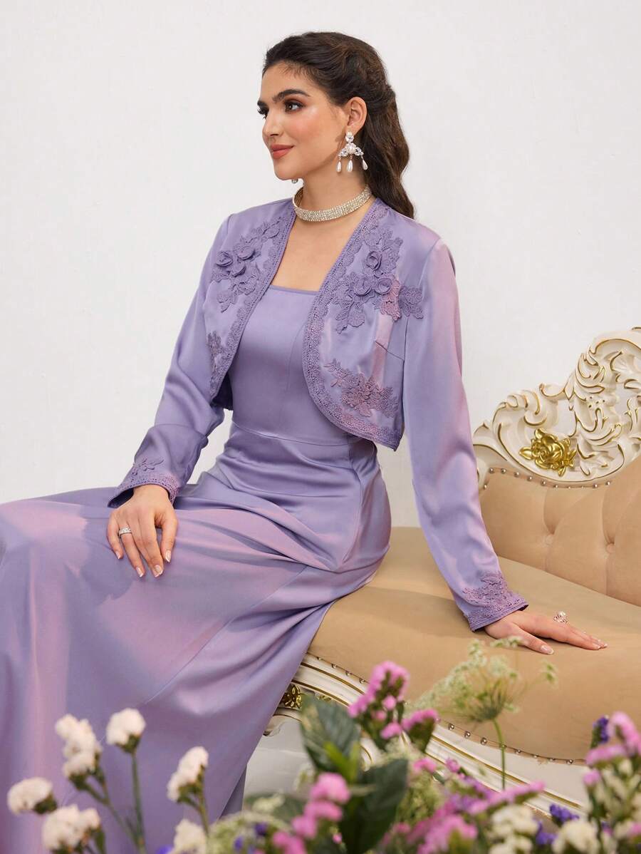 Al Najma Women's Applique Decor Long Sleeve Top And Dress Arabic Style 2pcs Outfit
