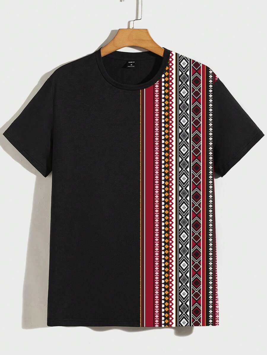 Manfinity VCAY Camiseta de manga corta casual de punto con estampado bohemio y ajuste regular, apropiada para uso diario en verano, para hombres