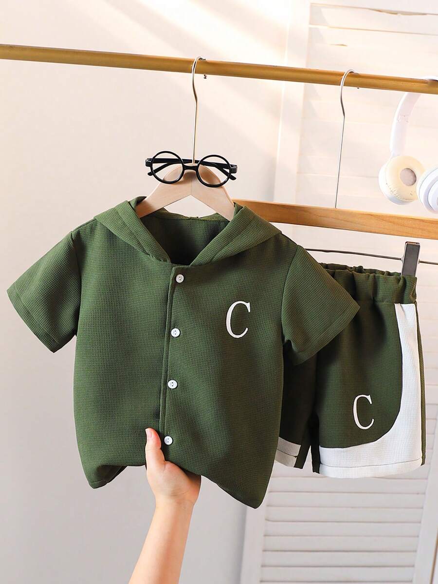 2pcs/Set Young Boy Casual Letter Printed Hooded Short Sleeve T-Shirt And Shorts Set, Summer