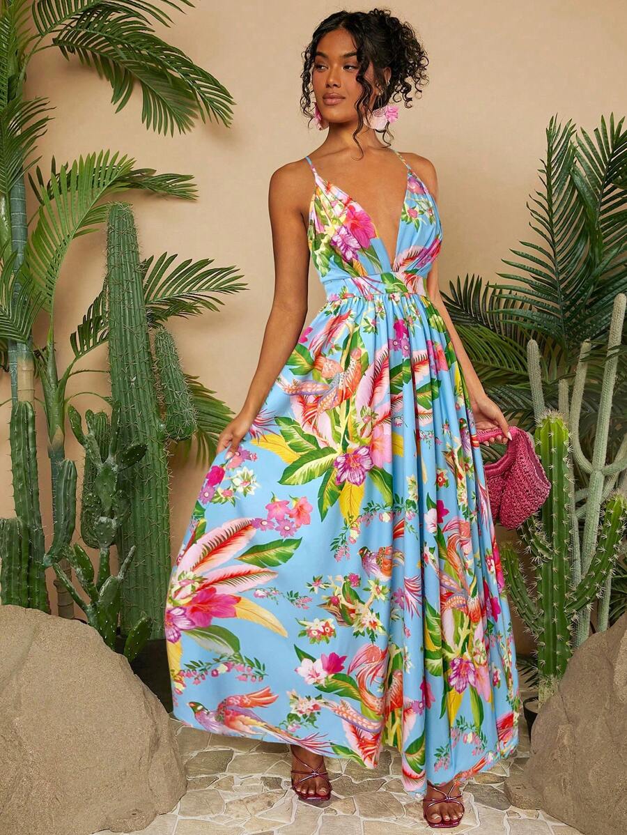 Travachic Vacation Style Women's Plant Printed Spaghetti Strap Dress