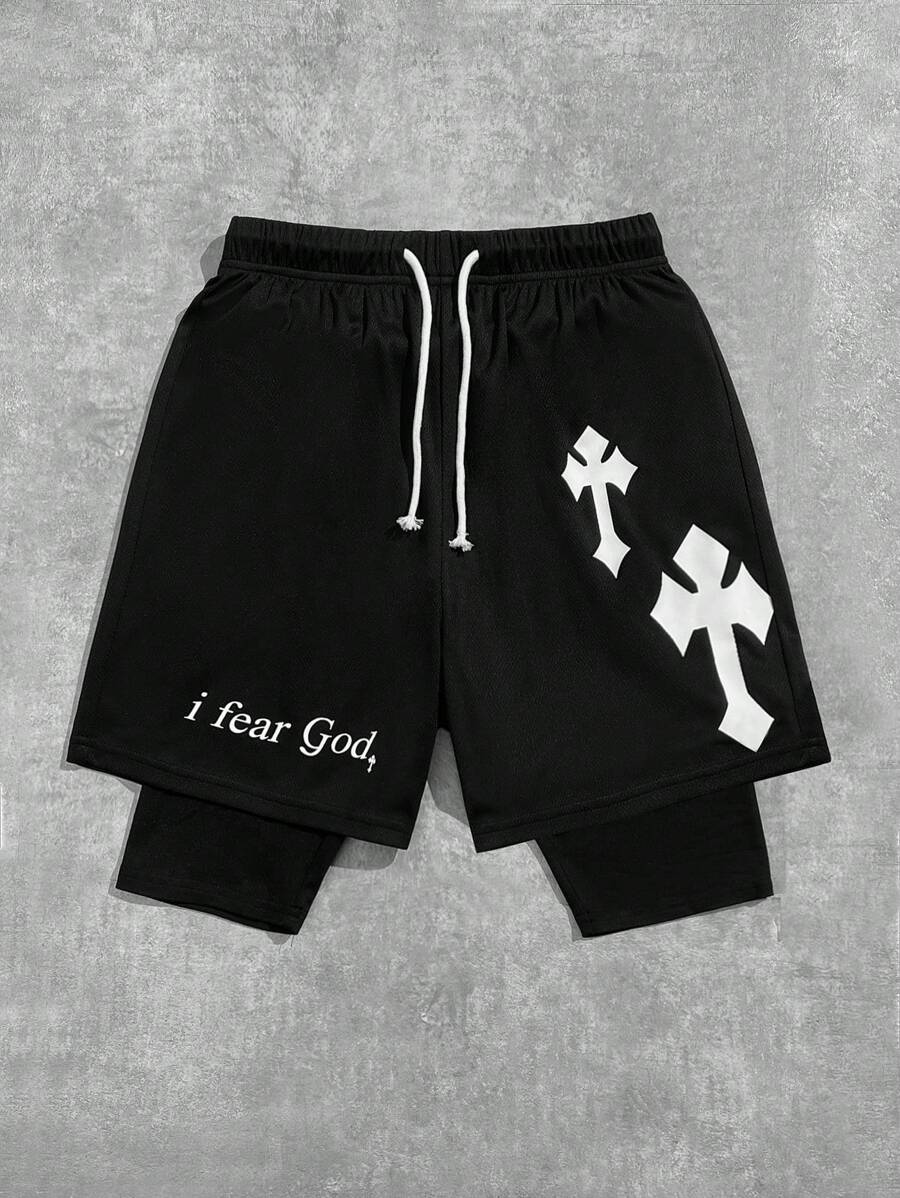 SHEIN 1 pieza Pantalones cortos versátiles y casuales con doble capa, con estampado de cruz y eslogan, con cordón en la cintura, para niños adolescentes. Regalo para esposo, novio. Ropa para niños adolescentes, chaquetas de primavera para vuelta al colegio