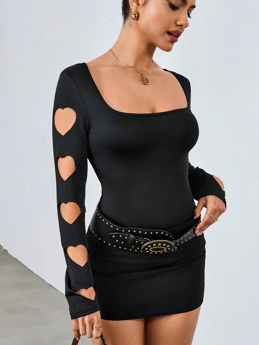 Chiquease Women's Fashion Laser Cut Heart Cutout Long Sleeve T-Shirt