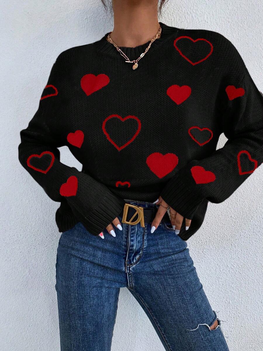Chiquease Nouveau pull casual en tricot côtelé à col rond, motif cœur pour la Saint-Valentin, style ample, Automne/Hiver 2024