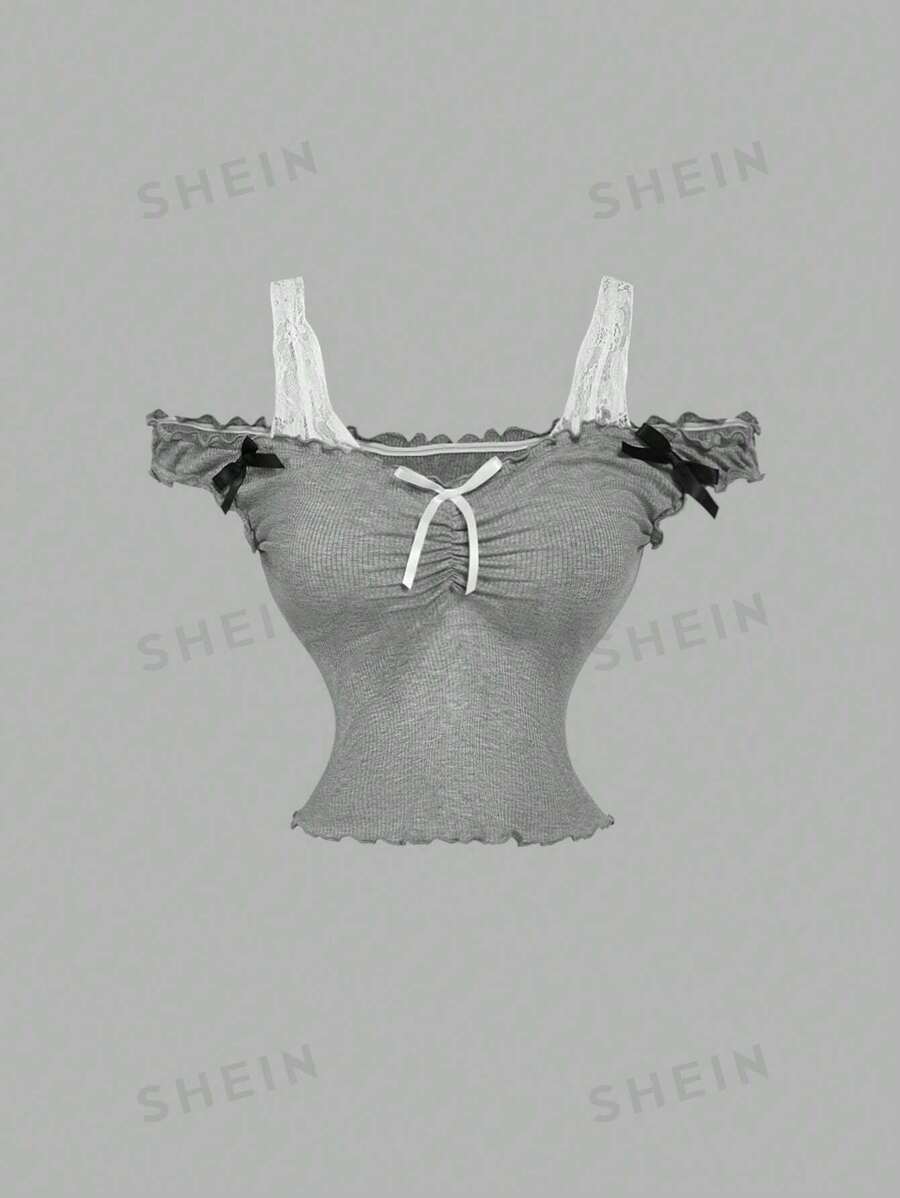 SHEIN MOD Camiseta de mujer de 2 en 1 con encaje vintage gris y parche, decorada con lazo y volantes. Romántica, elegante, para citas, fiestas, vacaciones, fiestas de té, atuendo de cumpleaños