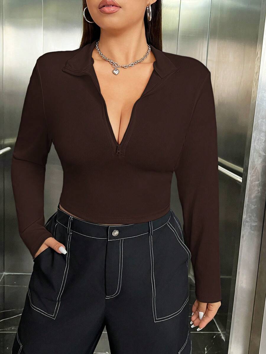 SHEIN EZwear Plus Size Women Solid Color Turndown Collar Long Sleeve Casual T-Shirt
