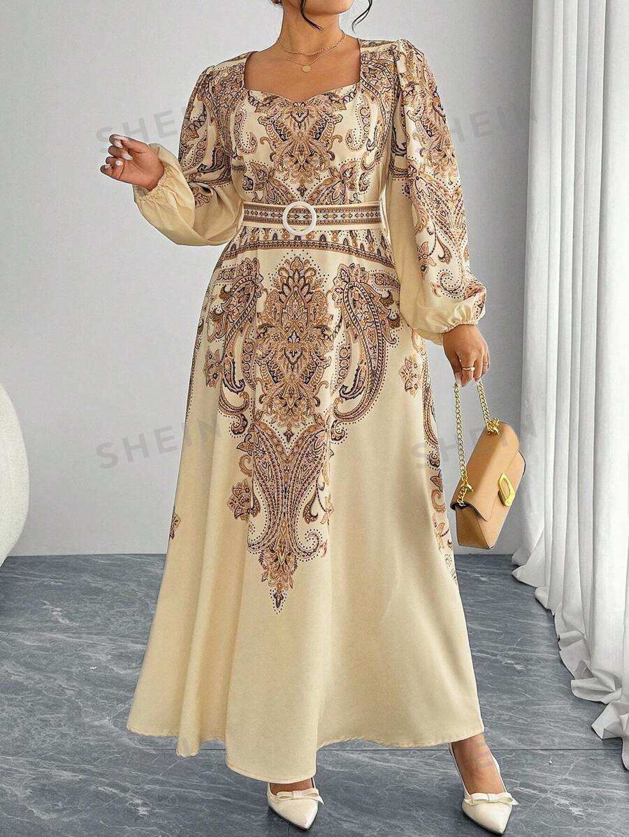 Modelyn Vestido elegante de manga larga abultada con estampado digital y cintura anudada, corte ajustado, para tallas grandes de mujer