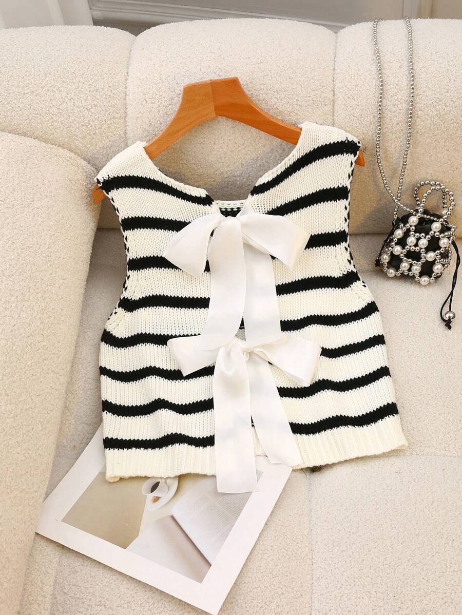 Elamini Casual Striped Bowknot Knitted Vest