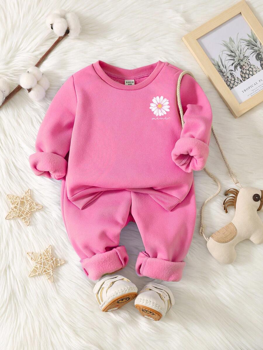 SHEIN 2pcs Baby Girls' Casual Simple Design Long Sleeve Top And Long Pants Set, Thickened For Autumn/Winter
