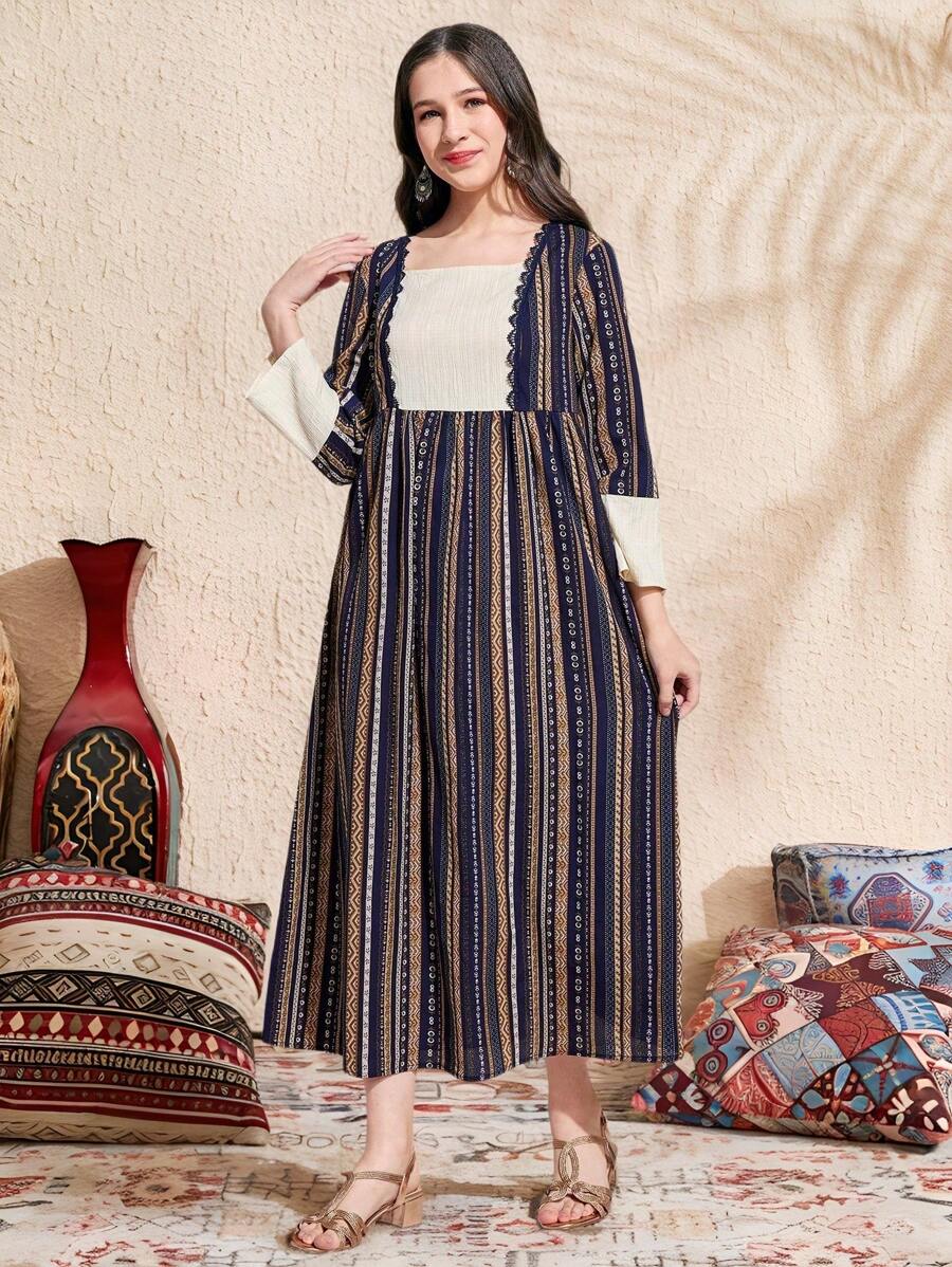 SHEIN TEEN GIRL Vintage Decor Fringe Waist Cinched Long A-Line Dress