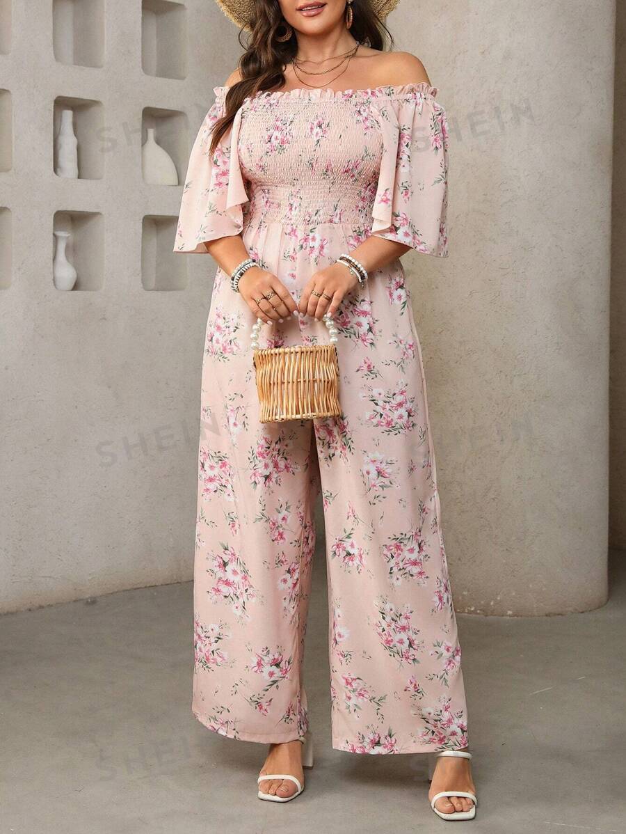 SHEIN Clasi Mono casual largo de talla grande para mujer con estampado de flores rojas, cuello en U, mangas abombadas y cintura fruncida. Adecuado para boda, Día de San Valentín, festival de música, Pascua, refrescante, alivio del estrés, vestido de noche, elegante, atuendo de verano, Día de San Patricio, fiesta, vacaciones de primavera, estilo boho