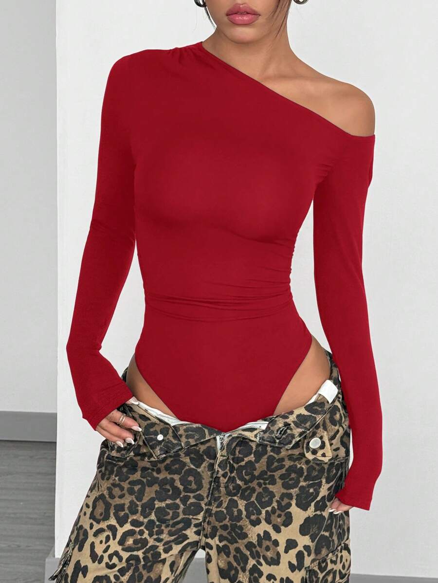 SHEIN EZwear Women Solid Color Asymmetrical Neck Long Sleeve Casual Bodysuit