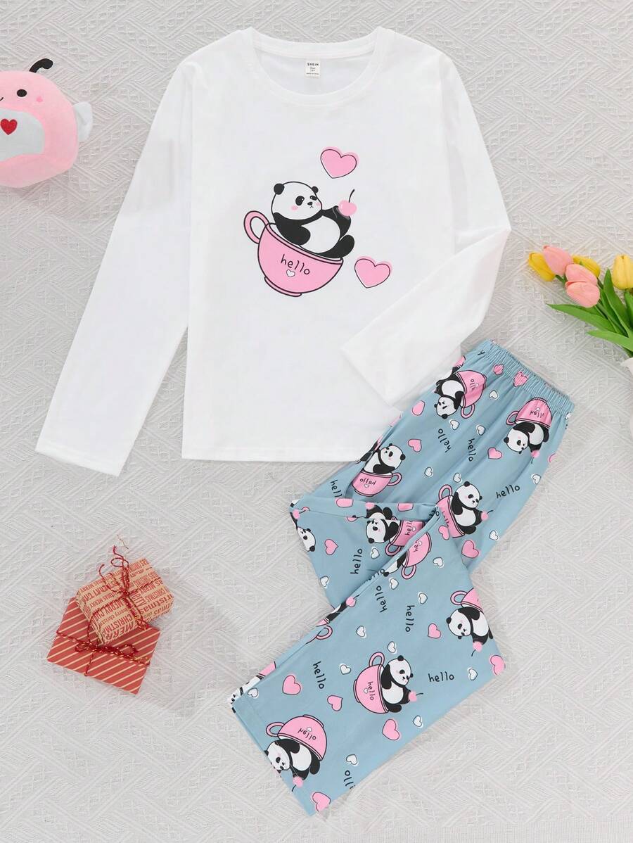 Ensemble de pyjama à col rond imprimé panda mignon pour adolescentes