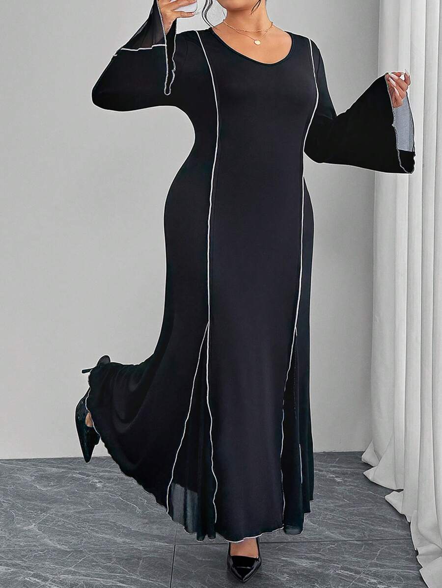 Modelyn Plus Size Elegant Contrast Color Trim Bell Sleeve Midi Dress