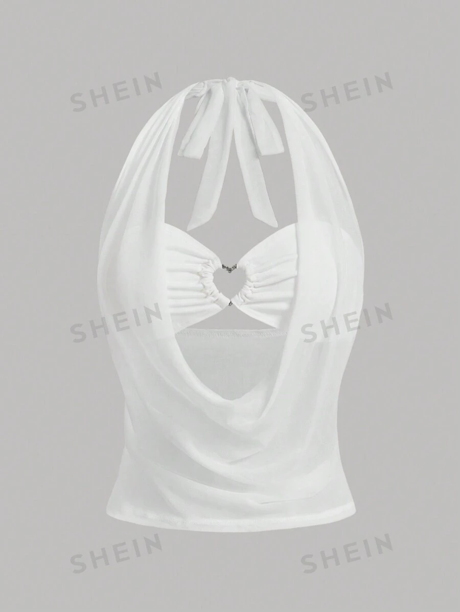 SHEIN ICON Top sin espalda de mujer con adorno de diamantes de imitación, abertura con forma de corazón hueco y malla, de unicolor, para ocasiones festivas y salir