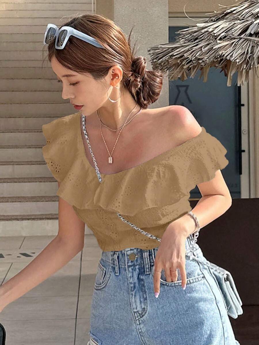 DAZY Crop top estivo da donna con volant a colore unito di