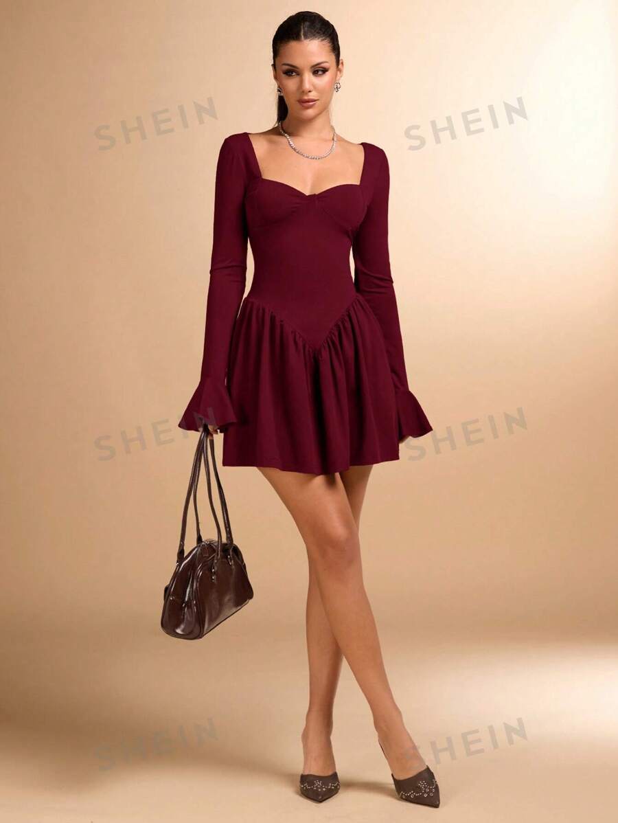SHEIN BAE Vestido de Navidad y Año Nuevo nuevo para otoño e invierno, vestido de cuello cuadrado elegante de manga larga de unicolor café