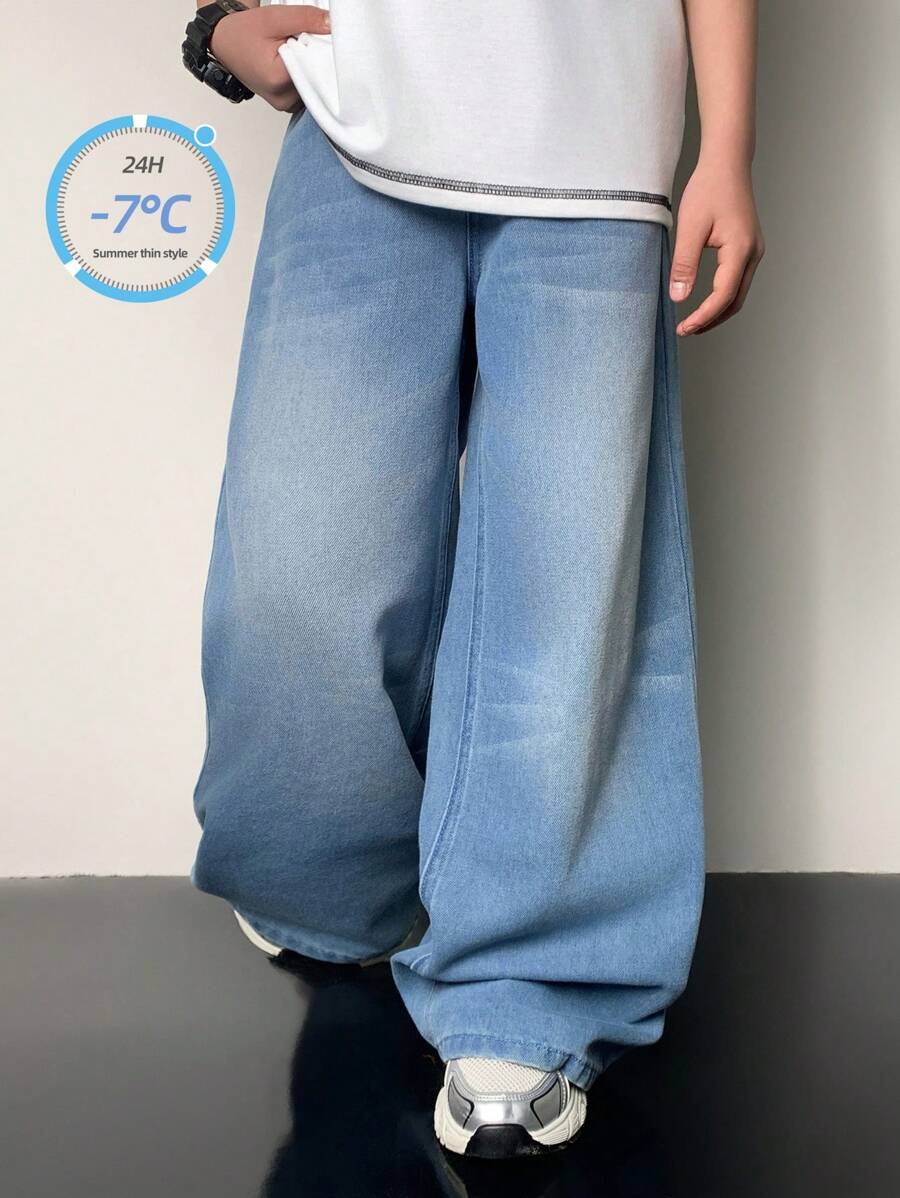 SHEIN Tween Boy Y2k Fashion Casual Based Blue Cel Cool Feeling Denim Baggy Jeans For Boy Costume Dailywear And The Four Seasonsr Kids Clothes
