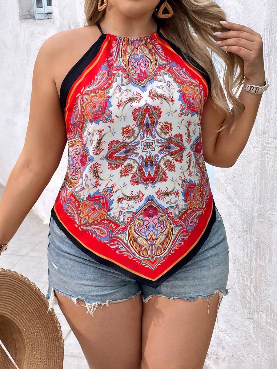 SHEIN VCAY Plus Size Boho Western Retro Print Spaghetti Strap Fringe Hem Sleeveless Cowgirl Outfit, Hippie Festival Summer Tops, Tube Tops, Going Out Tops, Off The Shoulder Tops, Graphic Tees, Rave Outfits Festival, Country Concert Outfit, Ibiza Fits, Beach Outfits For Women