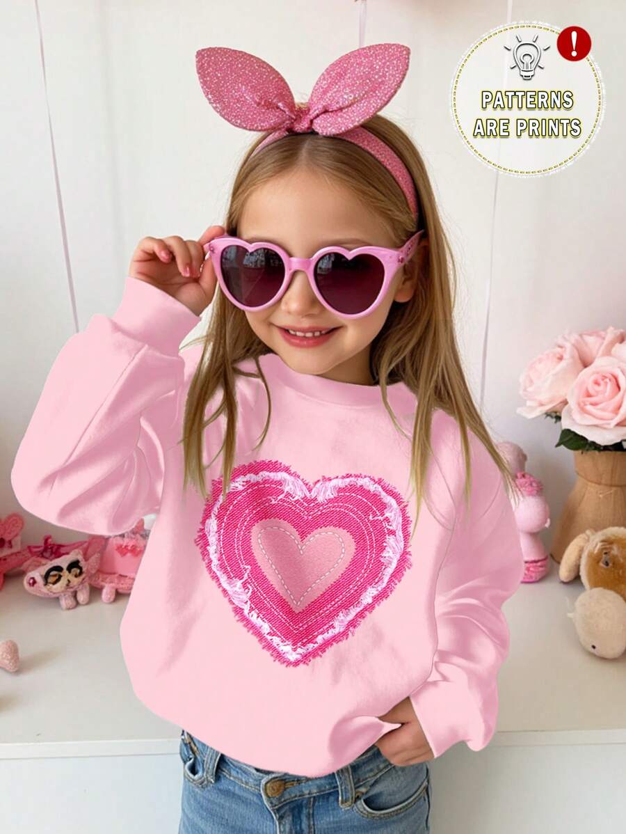 SHEIN Bluza z długim rękawem dla młodych dziewcząt, luźna, patchworkowa, z wzorem serca, okrągłym dekoltem, wygodna, dzianinowa, do codziennego noszenia
