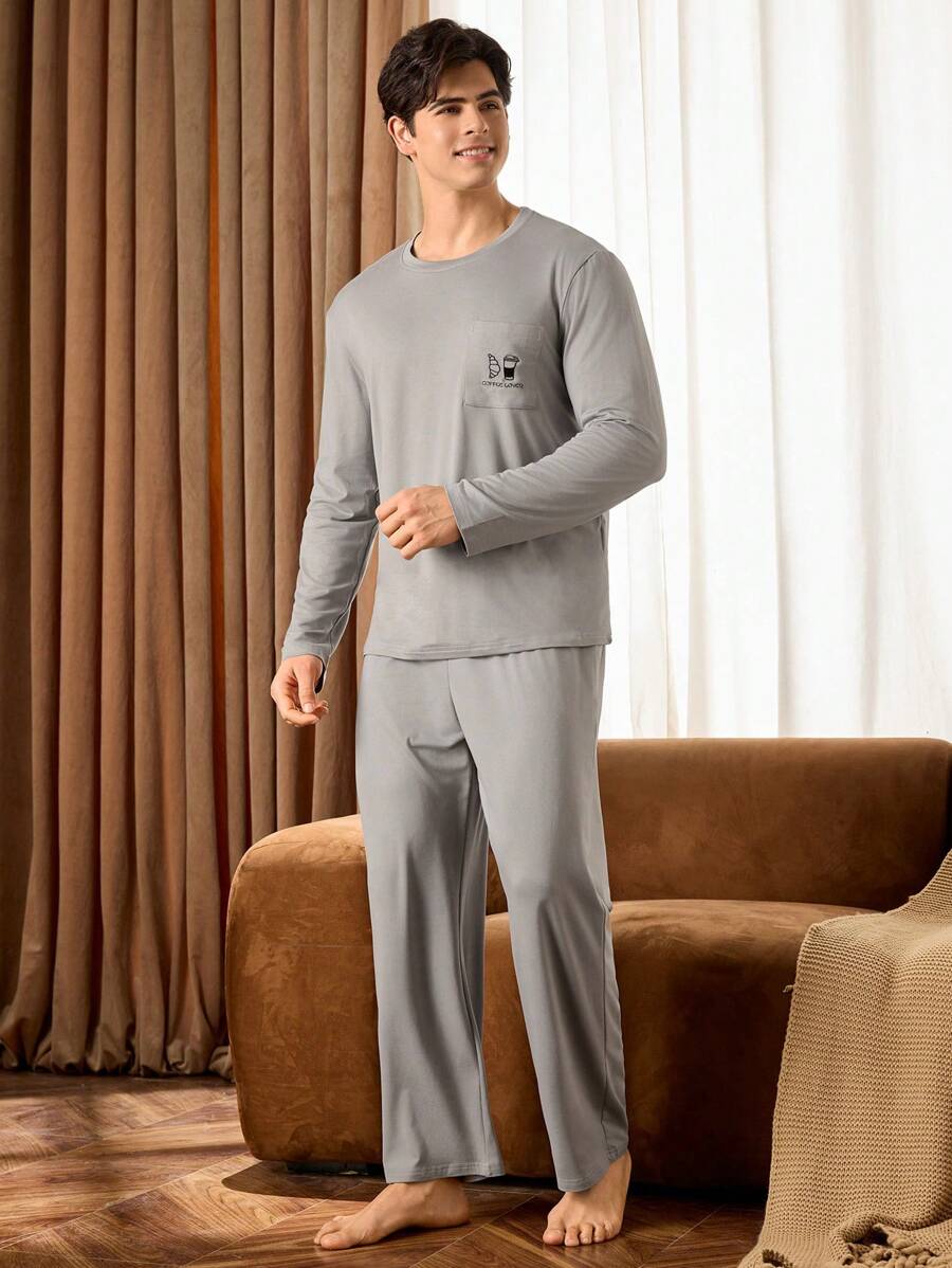 Manfinity Underwear&Sleepwear Basics Conjunto de pijama de hombre con mangas largas y pantalones largos con detalles bordados