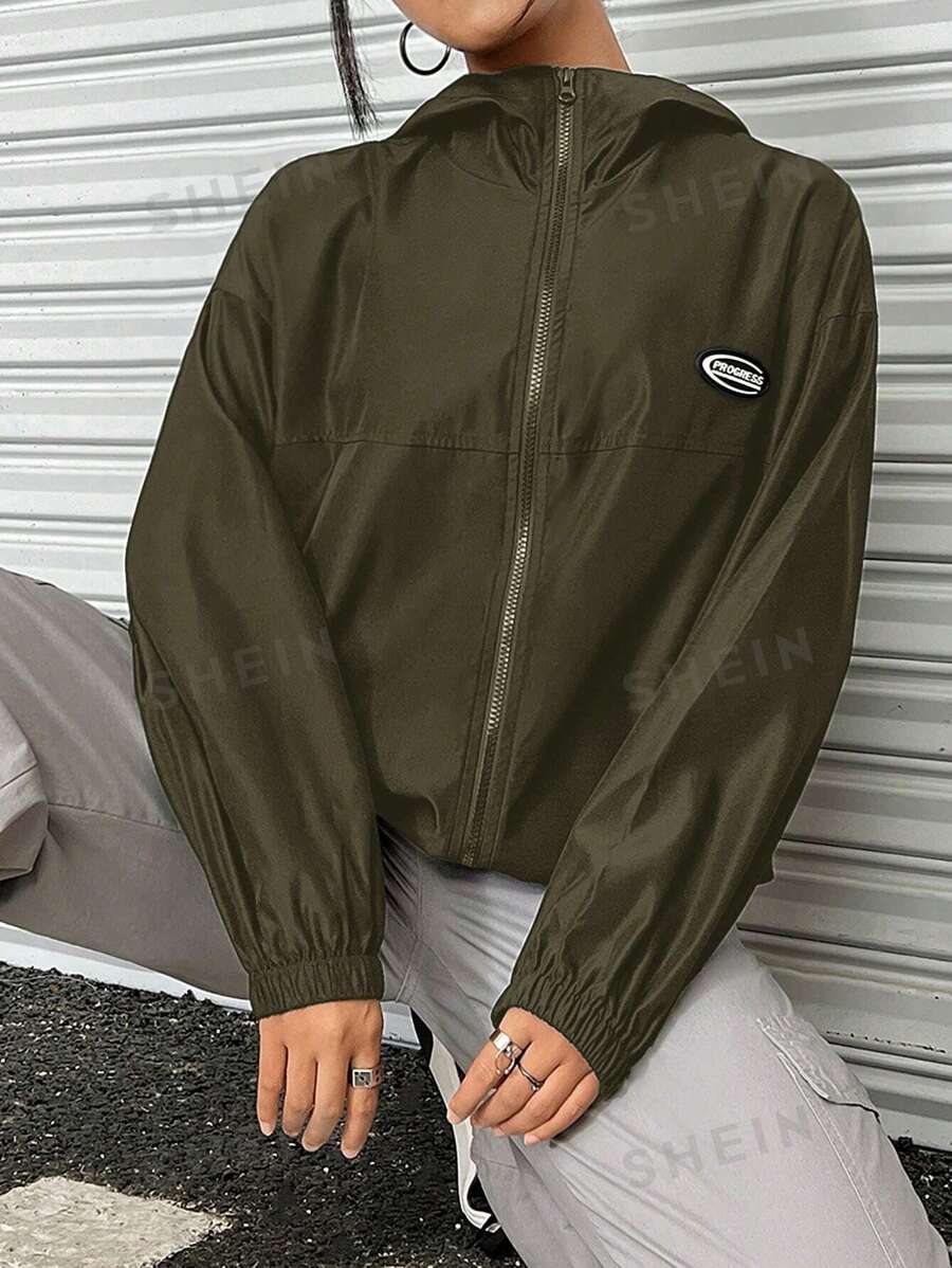SHEIN EZwear Chaqueta con capucha con cremallera para mujer con detalles bordados con letras