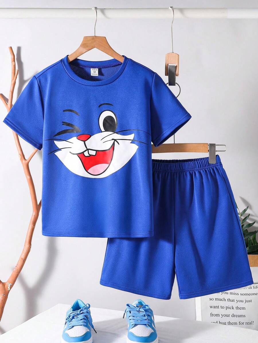 2 stuks Tween Boy Casual Stijlvol Comfortabel Zacht T-shirt Met Grappig Gezichtsprint En Elastische Taille Shorts Set, Geschikt Voor Herfst, Lente, Zomer - Alledaagse Casual, Buitenspelen, School, Straatfotografie, Feest En Vrije Tijd
