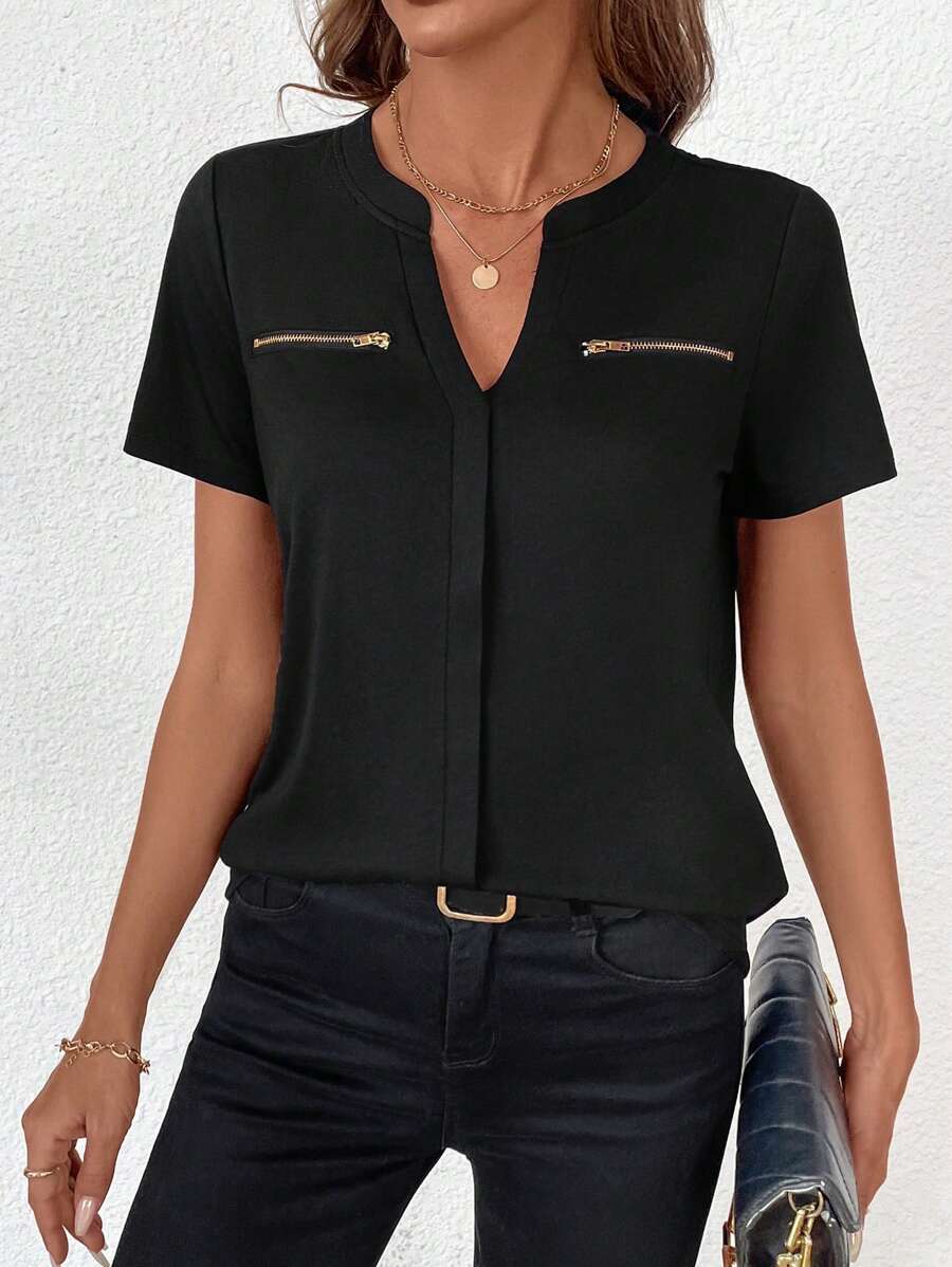 SHEIN LUNE Women'sSummer Knitted V-Neck Short Sleeve Golden Zipper Fake Pocket Casual T-Shirt