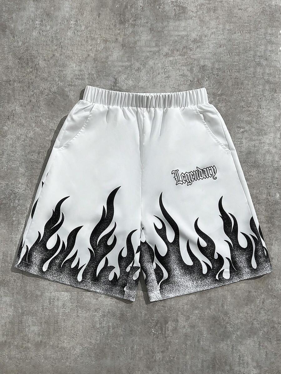 SHEIN 1 szt. Spodenki codzienne dla nastolatków z nadrukiem płomieni i liter, grafika FireSpring Wear; Ubrania dla nastolatków; Kurtki dla nastolatków, Wiosna, Powrót do szkoły