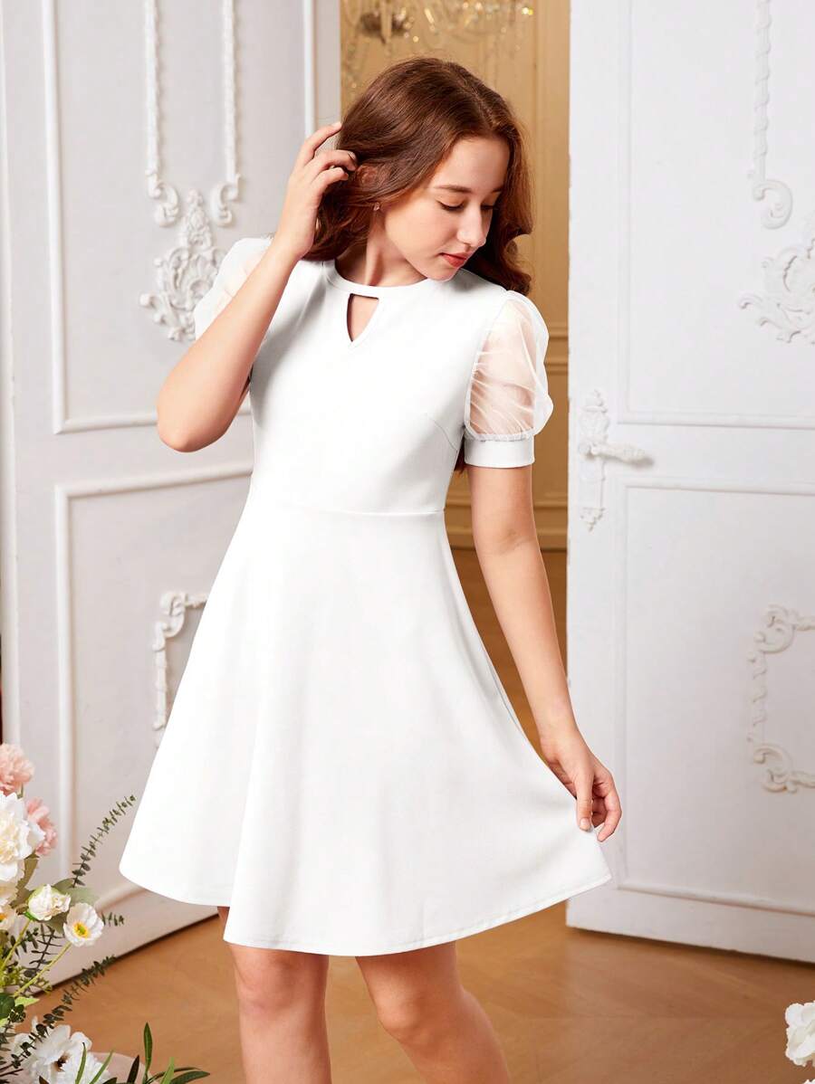 SHEIN Teen Girl Elegant Plain Knitted Patchwork With Mesh Chiffon Dress