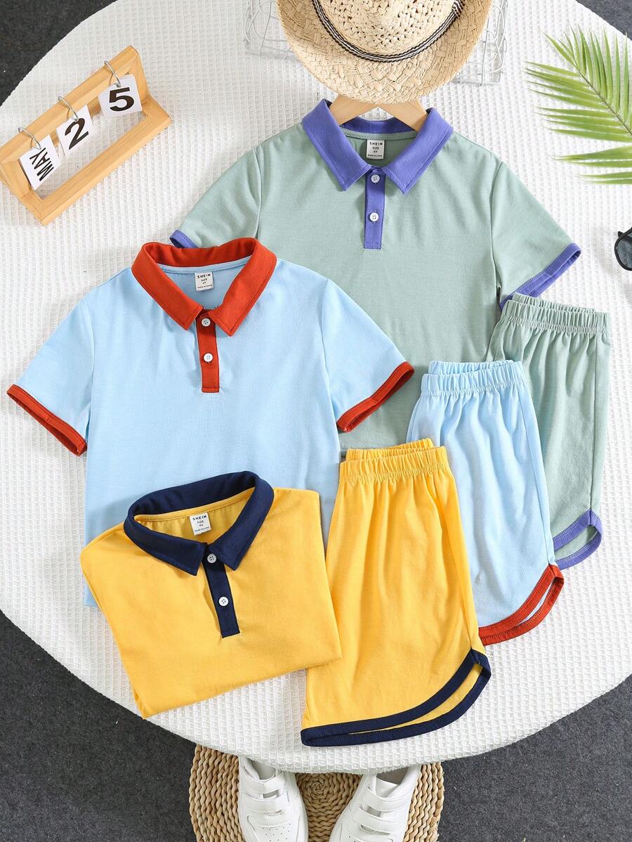 6pcs/Set Young Boys Casual College Contrast Color Block Short Sleeve Polo Shirt & Shorts Set, Multi-Pack, Suitable For Spring/Summer, Outdoor, School, Street, Party, Home, High Cost-Effectiveness
