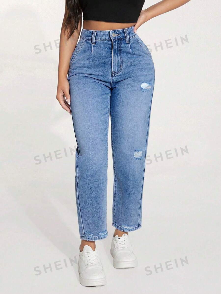 SHEIN Tall Jeans de tiro alto estilo novio desgastados para mujer, ajuste holgado y lavado vintage Y2K