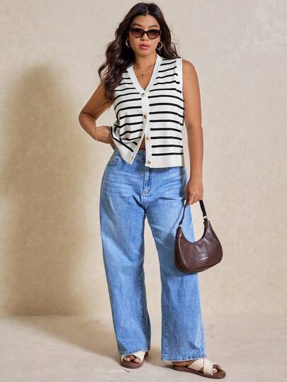 Elaquor Plus Size Women Striped Single-Breasted Casual Knitted Vest