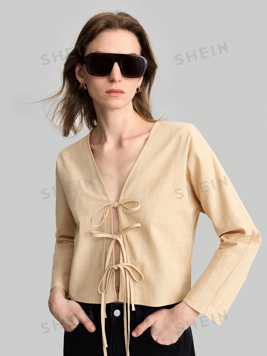 Ontre Camisa informal de mujer de unicolor con cordones