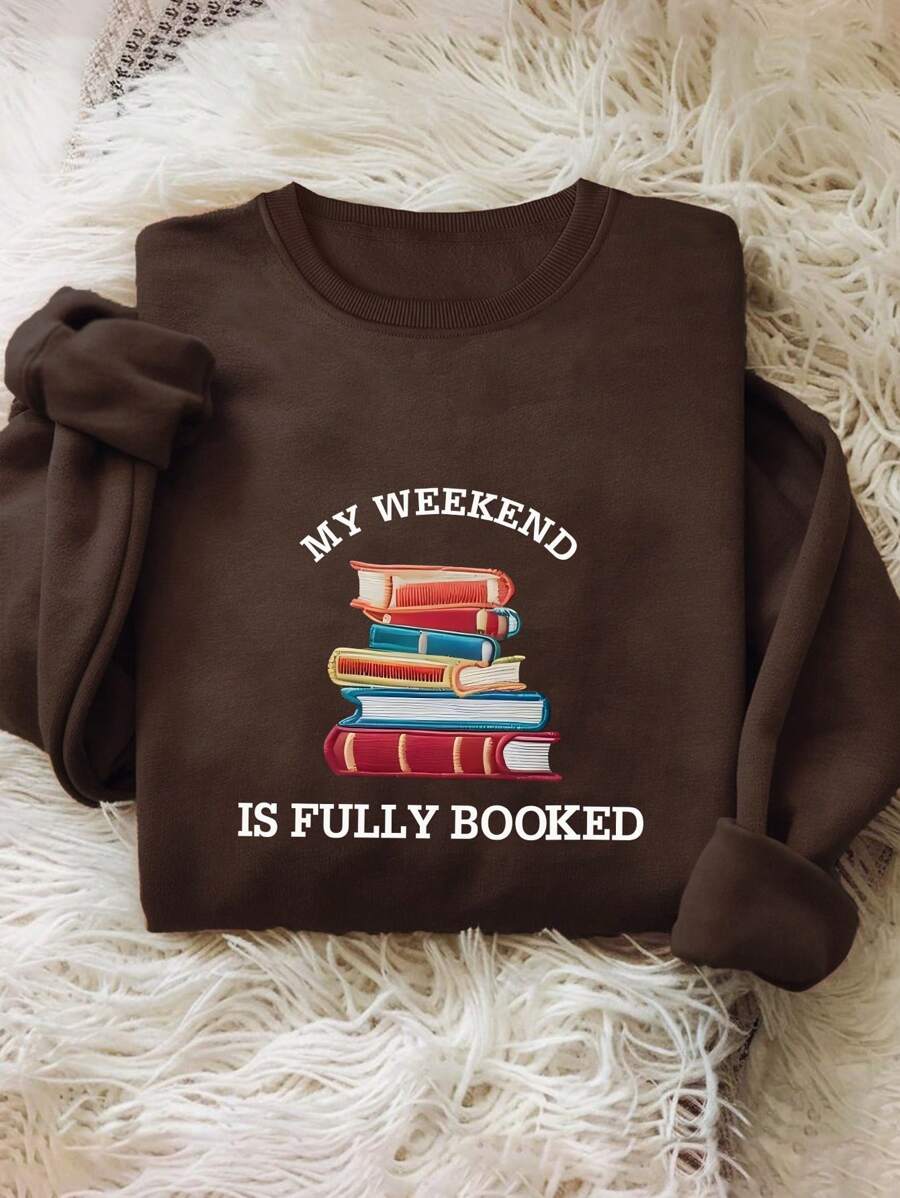 Women Book Slogan Graphic Crew Neck Regular Sweatshirt