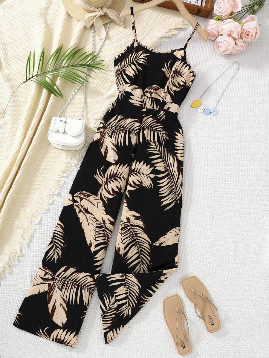 SHEIN Teen Girls Loose Fit Black & Beige Spaghetti Strap Palm Tree Print Jumpsuit, Comfy & Soft, Suitable For Spring/Summer, Valentine's Day, Vacation, Vintage, Beach, Sea
