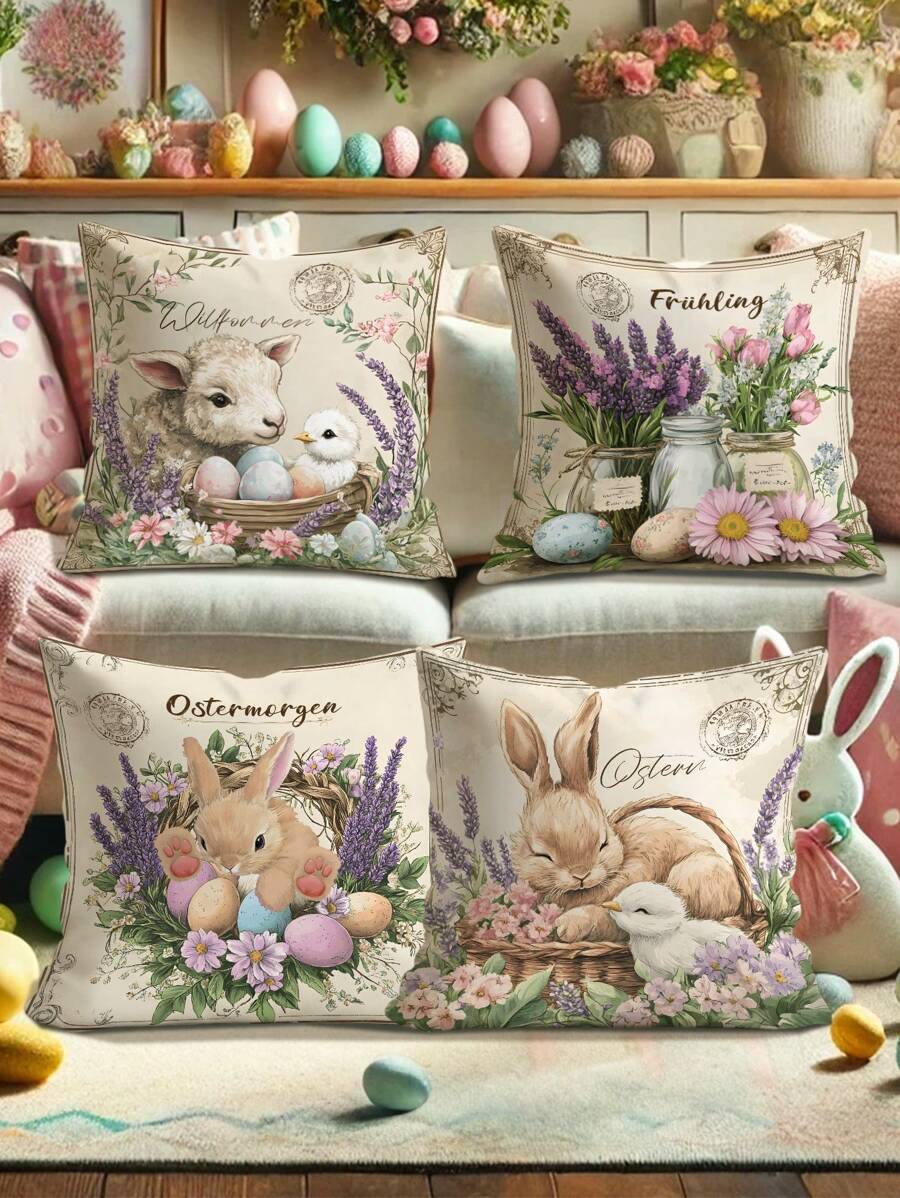 4 pièces Housses de coussin décoratif de Pâques en velours avec lapins, œufs de Pâques, moutons floraux. Amusantes et vintage en violet et brun. Impression unilatérale 45x45cm/18x18po pour la décoration du salon, de la chambre à coucher et du canapé au printemps. Sans les inserts de coussin.